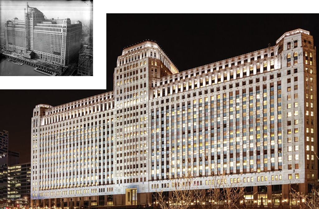 theMART’s iconic facade, today and under construction in 1929.